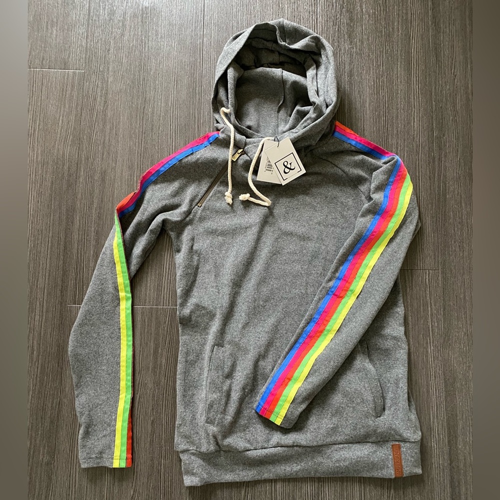 Ampersand Avenue Rainbow Sleeve DoubleHood Sweatshirt Hoodie XS NWT